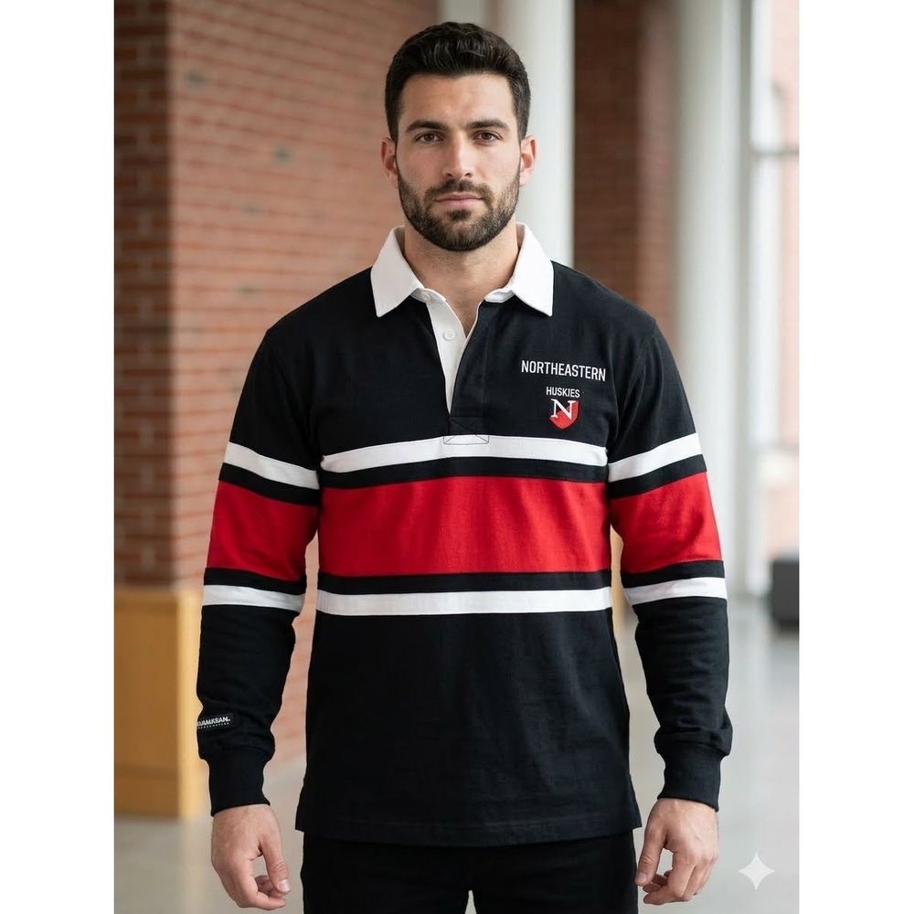 Barbarian Rugby Wear Northeastern Huskies Men Striped Polo Shirt Collegiate Rush